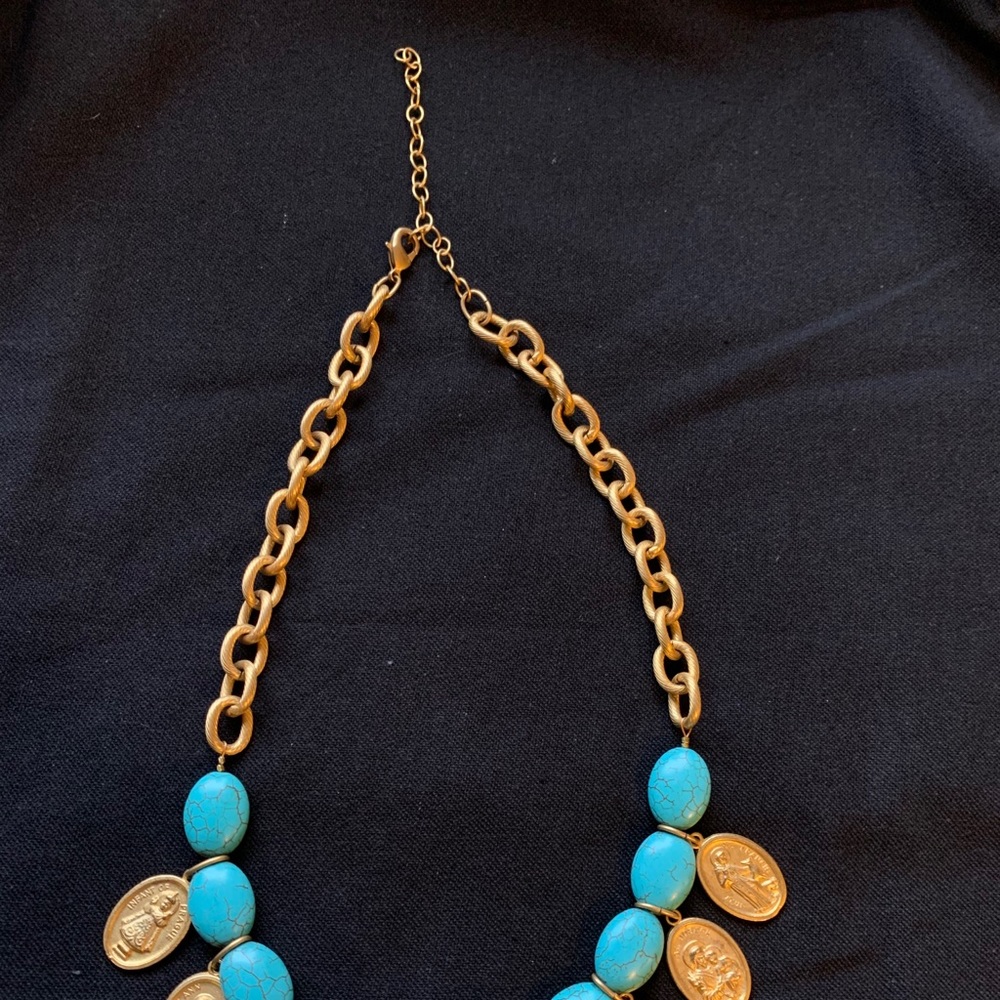 Turquoise and Gold Religious Medal Charm Necklace - Picture 2 of 11